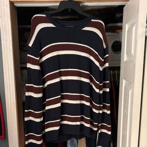 Banana Republic Navy and Brown Striped Crewneck Sweater
